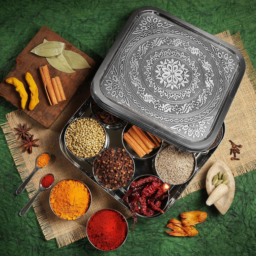 KSJONE Designer-Gewürzdose aus Edelstahl für Masala Dabba, gross, Curry-Gewürzdose, Küchen-Masala-Be