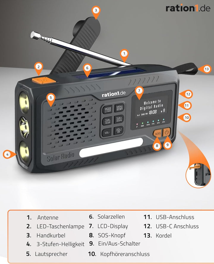 ration1 Kurbelradio DAB+, tragbares Solar Radio, Outdoor Radio, Notfallradio mit Handkurbel, Power B