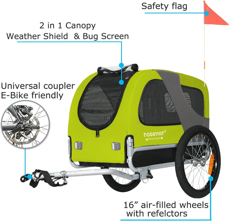 DOGGYHUT® Premium MEDIUM Fahrrad Hundeanhänger für Hunde bis 23 kg Fahrradanhänger Klappbar GRÜN, GR