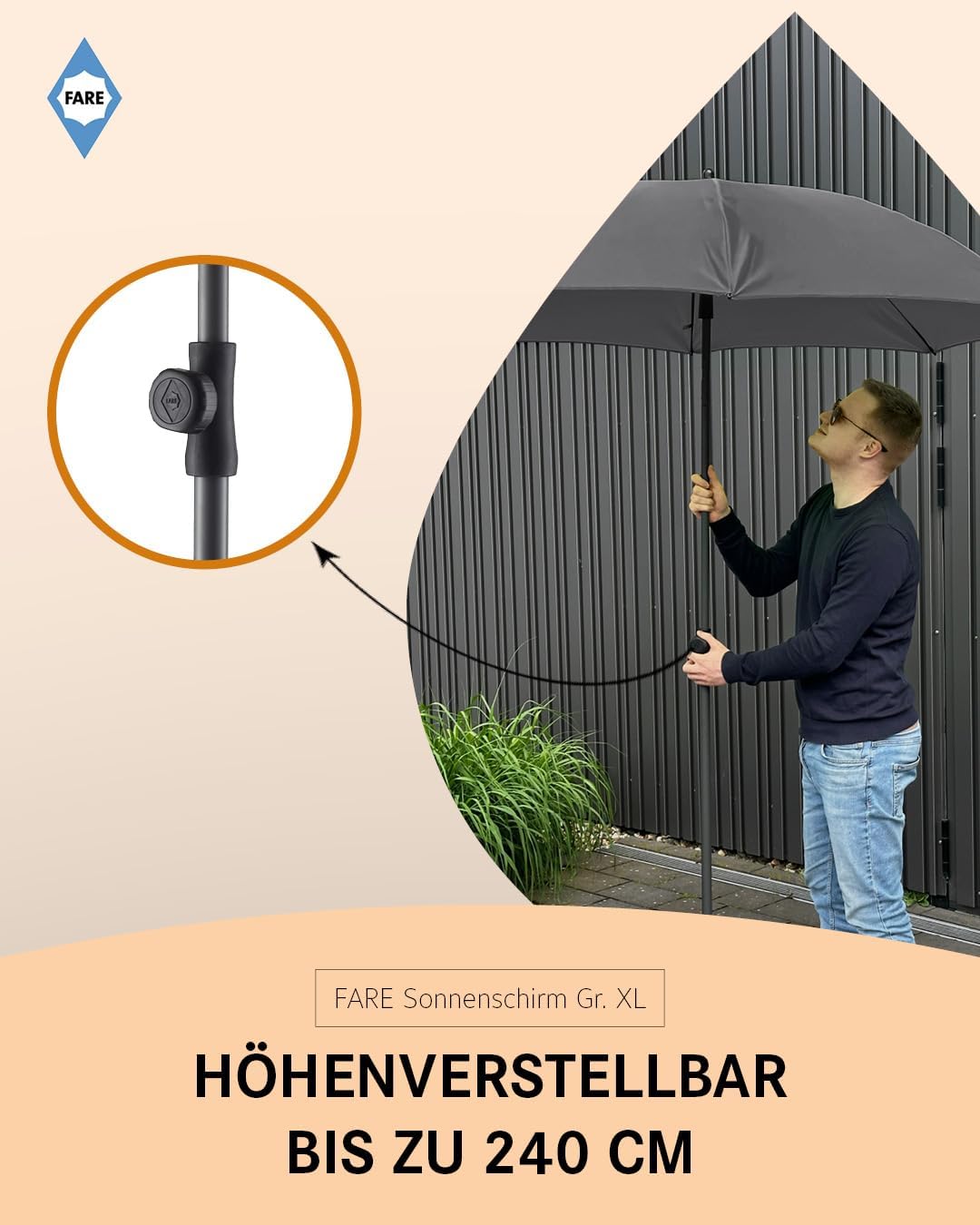 FARE Sonnenschirm Gr. XL - 235 cm Durchmesser - UV-Schutz 50+ für Balkon Garten Terrasse Sommer - Ti
