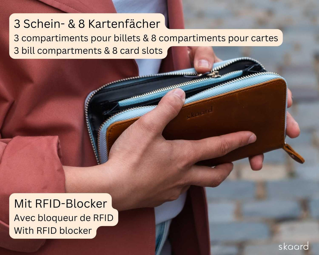 skaard Grosse Damen Geldbörse aus echtem Leder, Braun/Hellblau mit RFID-Schutz, Braun