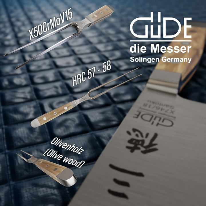 GÜDE Solingen - Fleischgabel geschmiedet, 18 cm, Olivenholz, ALPHA OLIVE, Doppelkropf, Handmade Germ