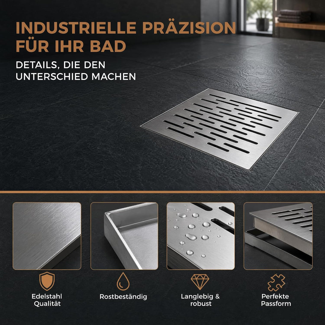 Bodenablauf Edelstahl 200×200 mm mit Rahmen, quadratisches Abflussgitter | Rostfreie Ablaufabdeckung