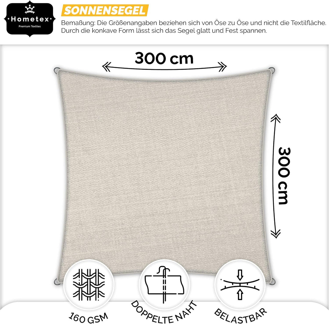 Hometex Premium Textiles Sonnensegel 3×3m Quadratisch inkl. Befestigungseile | Sahne | Sonnenschutz