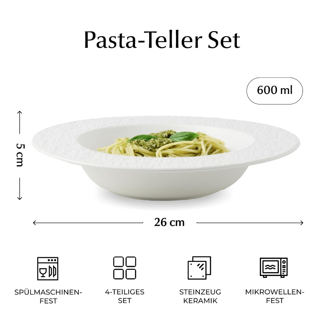 MIAMIO - Suppenteller Set/Pastateller, Keramik (650ml) - Oasis (Weiss) | Keramik Suppenteller Set, 4