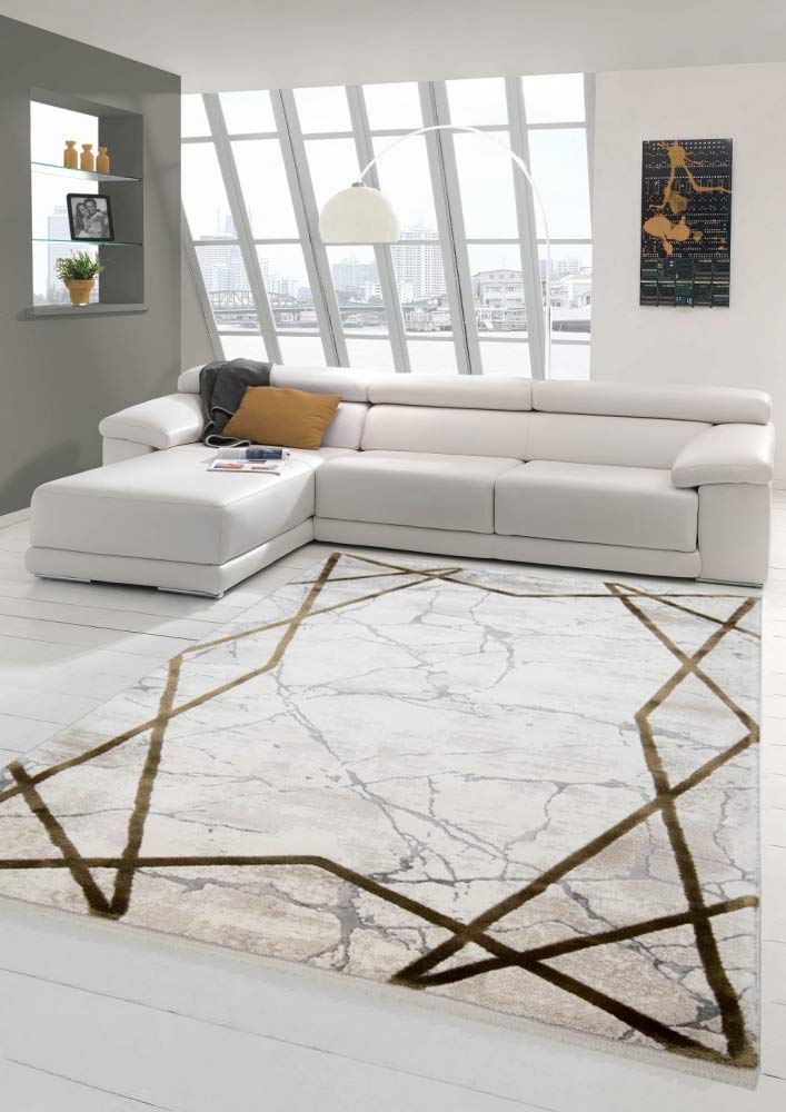 Teppich-Traum moderner Wollteppich mit Marmor-Design und abstraktem Muster in Creme braun, Grösse 16