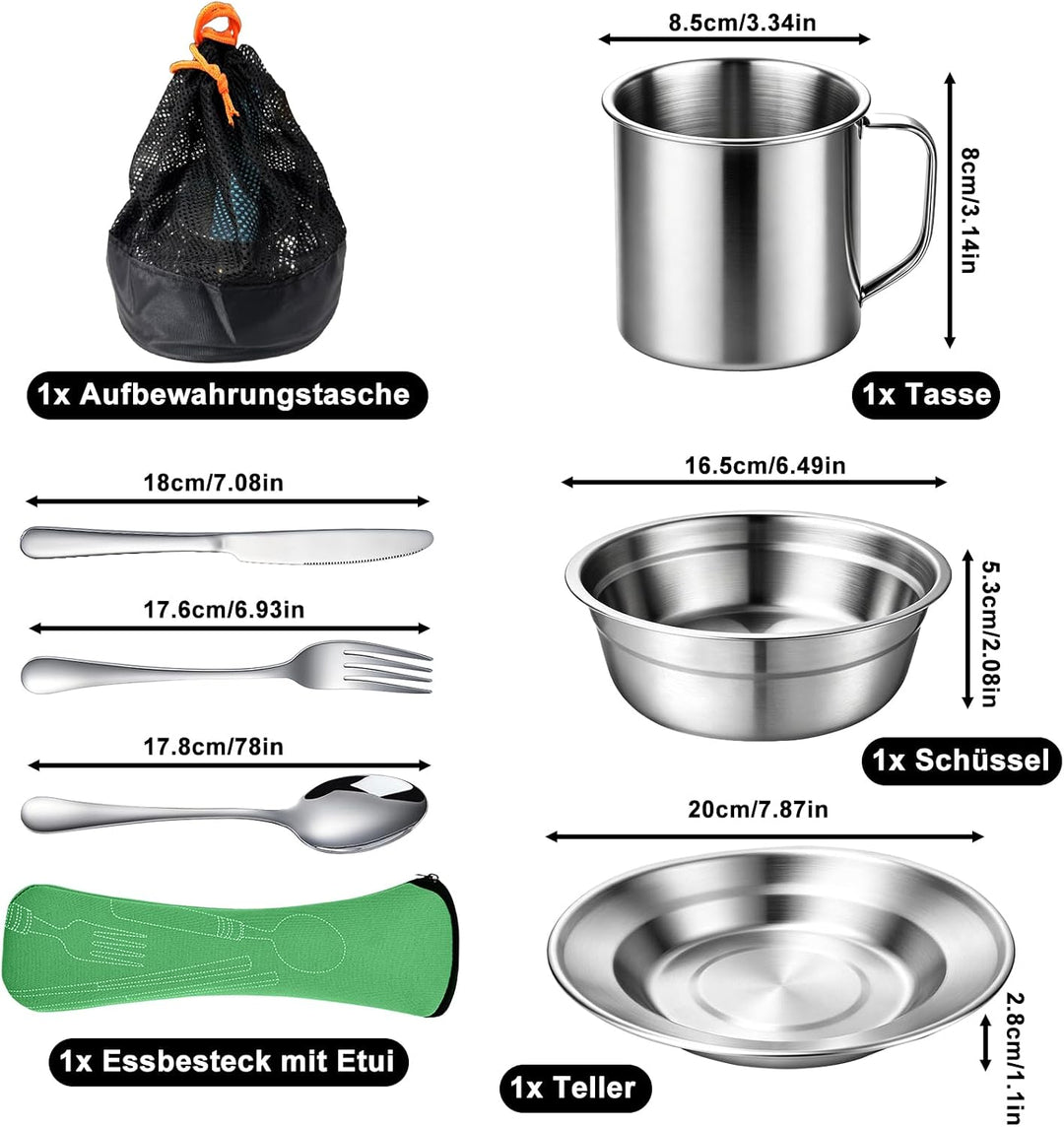 Campingbesteck Set 1 Person, Camping Geschirr Set Edelstahl mit Schalen Teller Tassen Gabeln Löffel