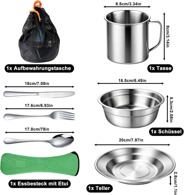 Campingbesteck Set 1 Person, Camping Geschirr Set Edelstahl mit Schalen Teller Tassen Gabeln Löffel