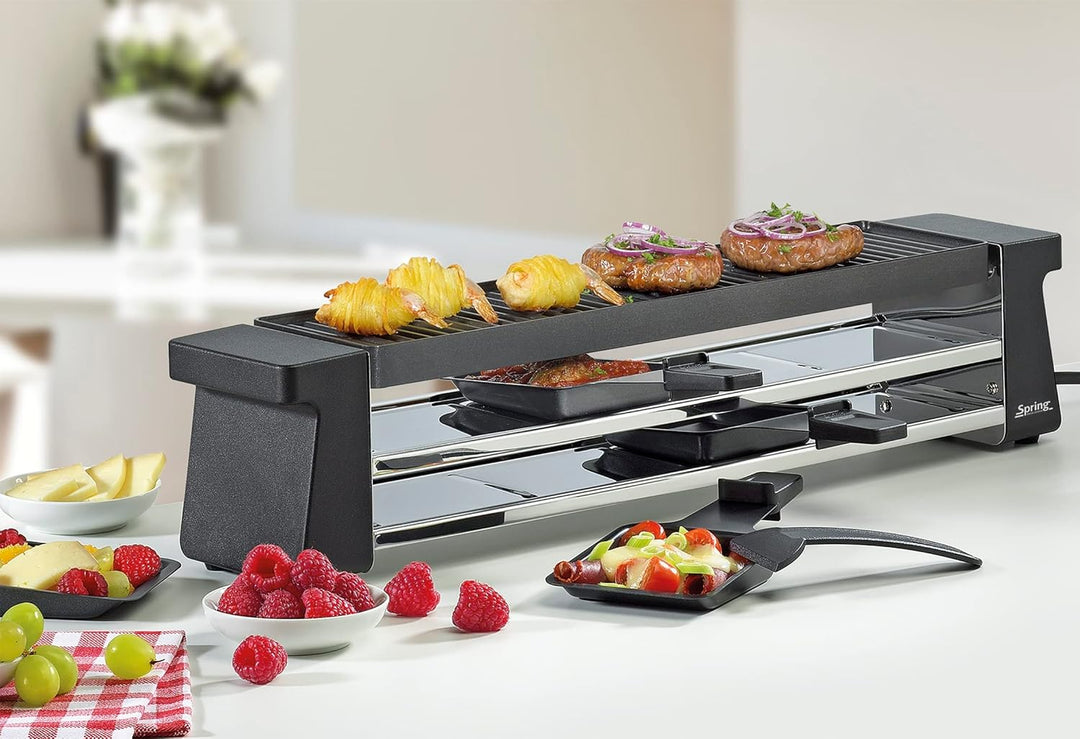 Spring Raclette 4 Personen COMPACT Schwarz, Tischgrill elektrisch, Antihaftbeschichtete Alu-Grillpla
