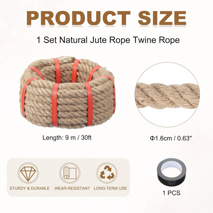 QUARKZMAN Kordel Jutekordel Jute Seil 9m x 1,6cml Schwere Natürliche Hanfseil Dicke Geflochtene Jute