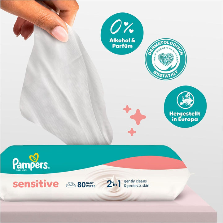 Pampers Sensitive Baby-Feuchttücher, 12 Packungen mit 80 Feuchttüchern = 960 Baby-Feuchttücher, 2-in