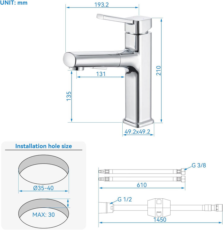 Wasserhahn Bad mit Ausziehbar Brause, Armatur Badezimmer Chrom, Waschtischarmatur mit 2 Strahlarten,