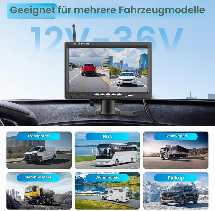 Drahtloses Rückfahrkamera Set mit 7-Zoll Monitor, 2 rückfahrkamera IP68 wasserdichte IR-Nachtsicht W