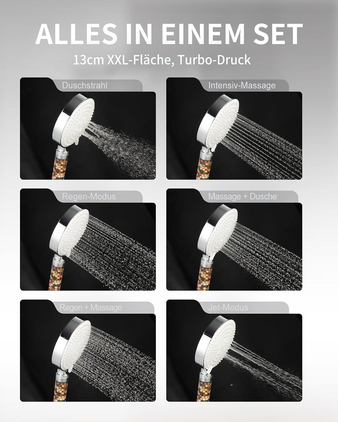 OFFO Filter Duschkopf mit Schlauch 1,6m und Halterung, Handbrause mit 6 Strahlarten, 13cm Duschkopf