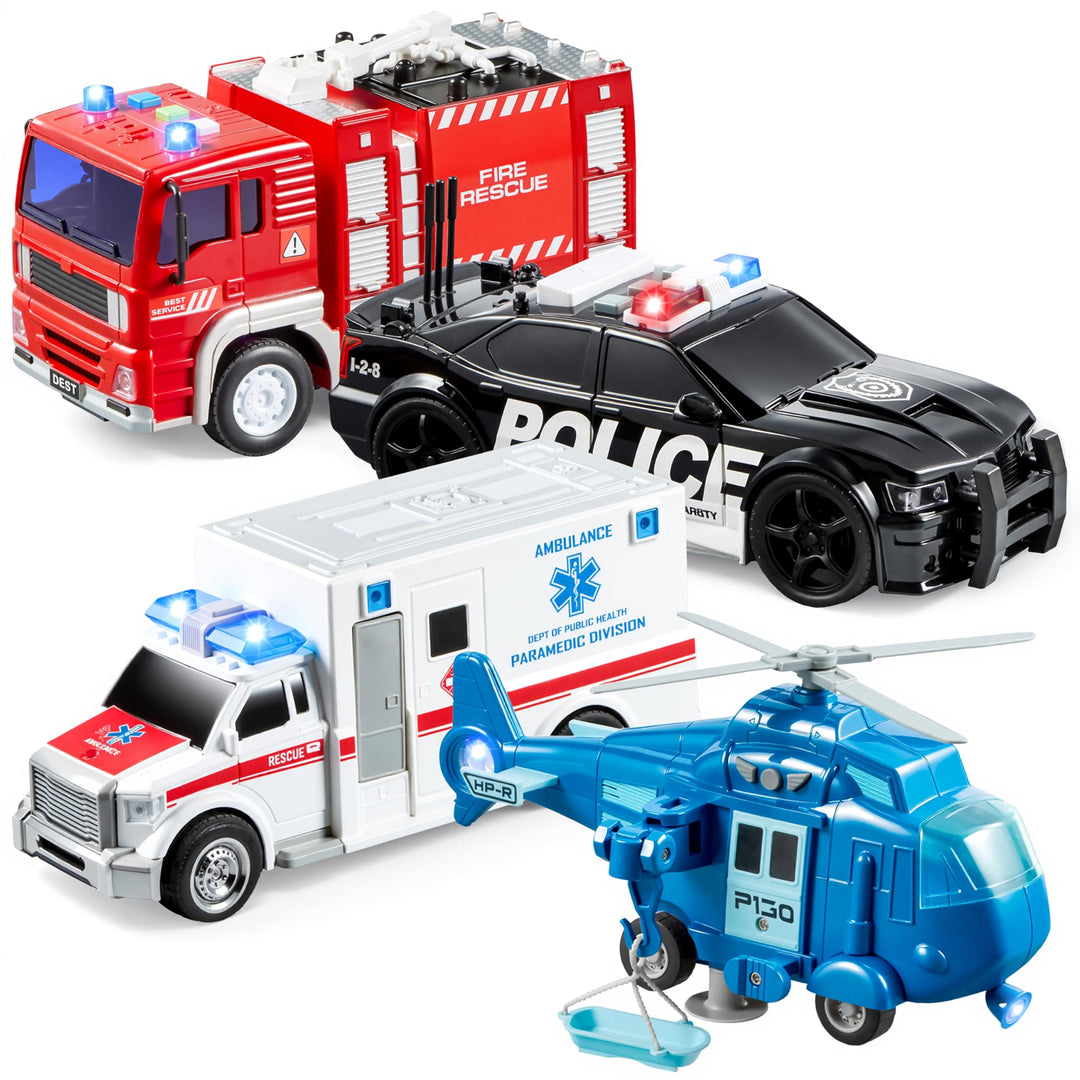 JOYIN 4er Pack Reibungsgetriebenes City Hero Spielzeug mit Feuerwehrauto, Krankenwagen, Polizeiauto