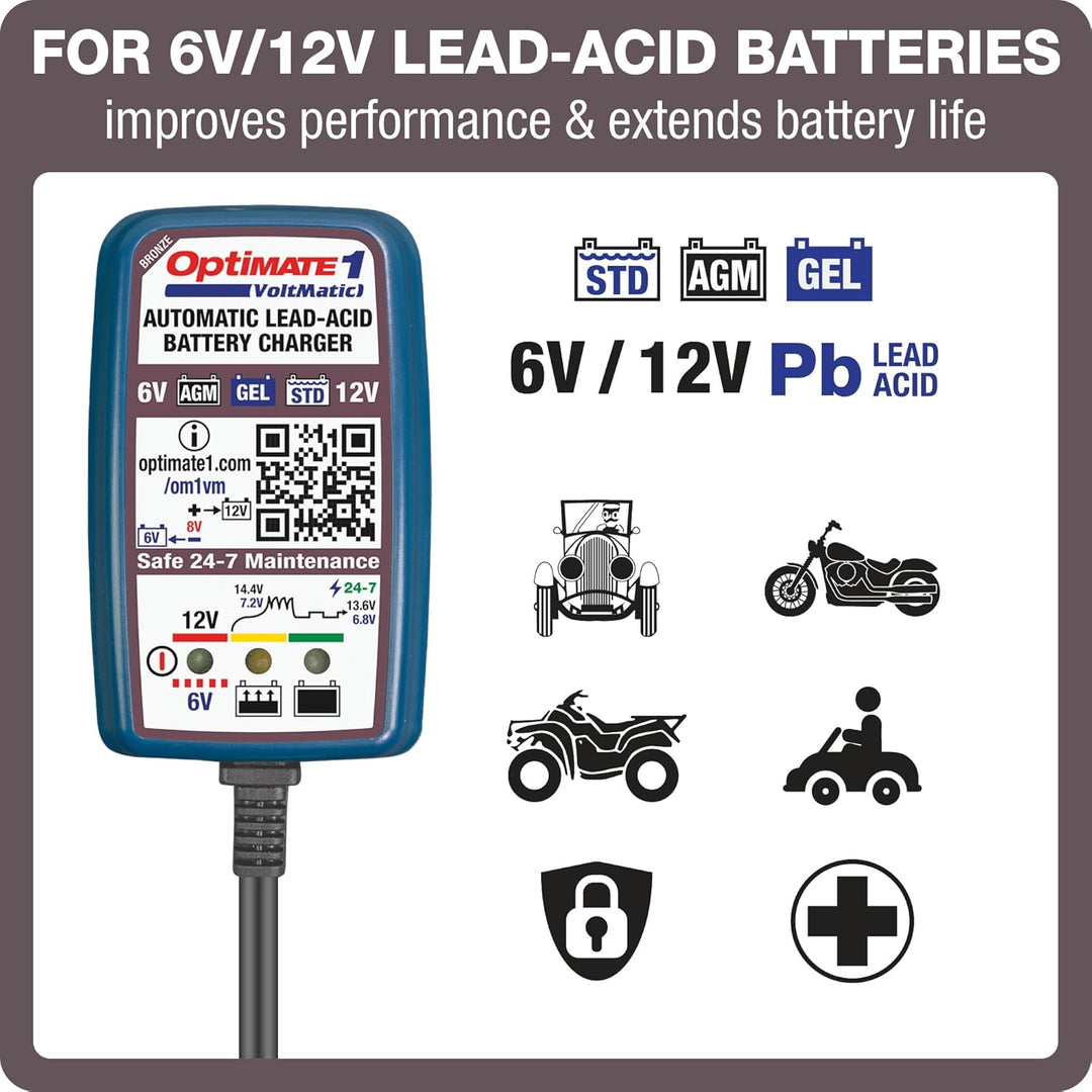 TecMate Optimate 1 VoltMatic, TM-400a, 4-stufiges 6V / 12V 0.6A Batterieladegerät und -wartung