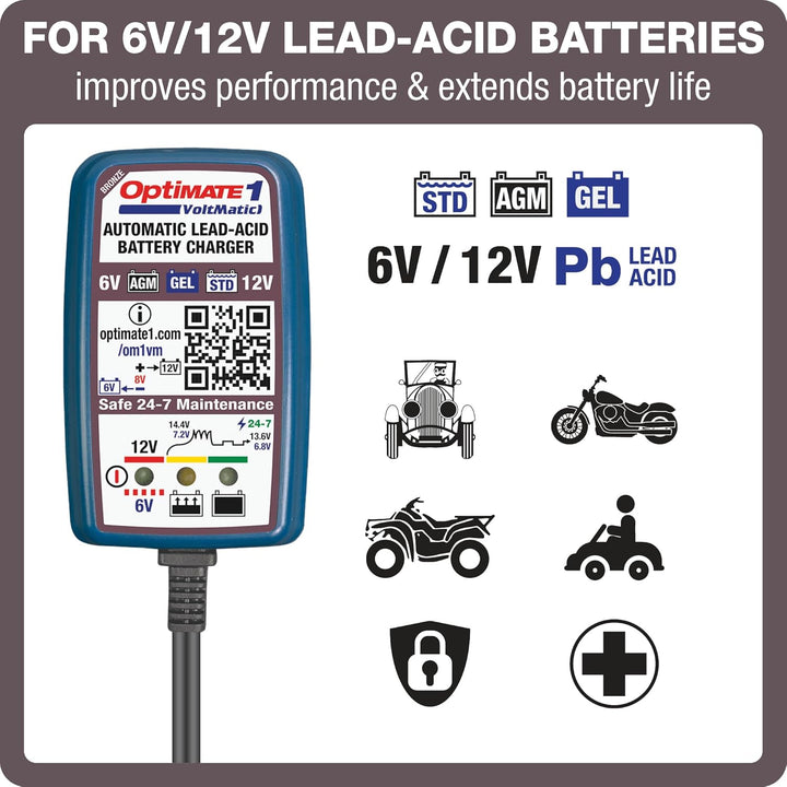 TecMate Optimate 1 VoltMatic, TM-400a, 4-stufiges 6V / 12V 0.6A Batterieladegerät und -wartung