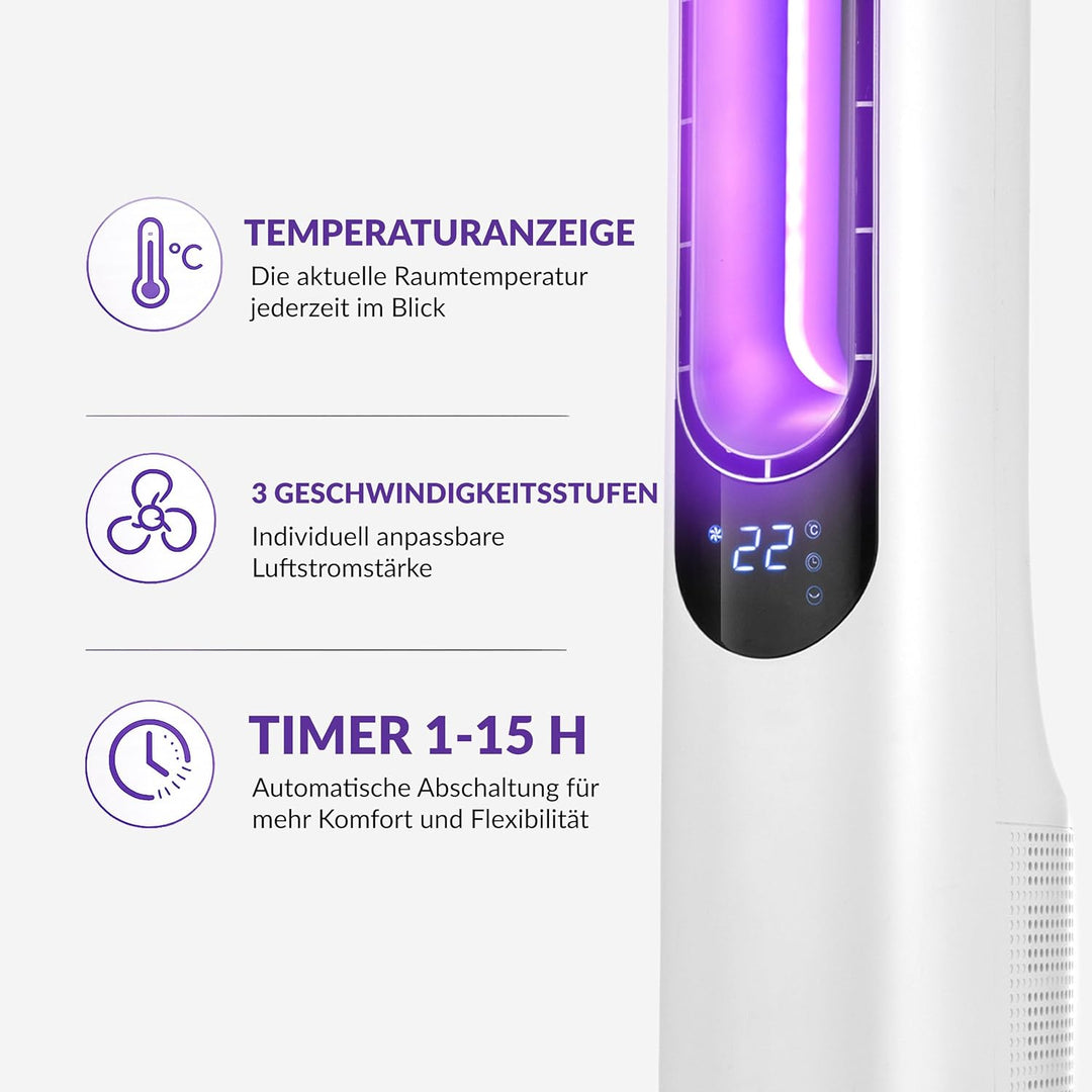 LEHMANN Turmventilator mit Fernbedienung & LED-Display, leiser Ventilator mit Schlafmodus, 15 h Time