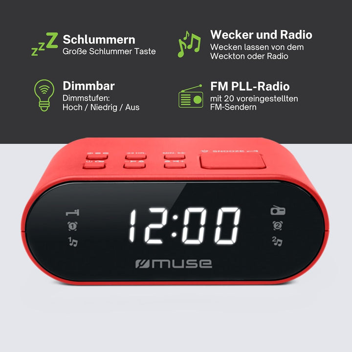 MUSE M-10 RD Radiowecker mit LED-Display, Zwei Weckzeiten, dimmbar, digitaler UKW-Tuner, 20 Sendersp