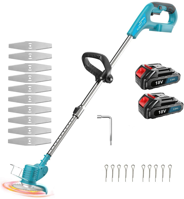 Akku Rasentrimmer mit 2 x 3.0AH Akku, Ersatz für 18V BL1850,10 Metallklinge,2X Kreissägeblätter, 90°