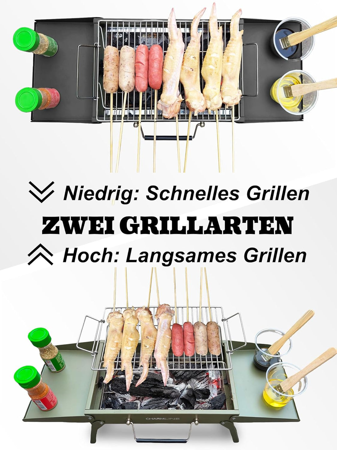 Charmline Tragbarer Holzkohlegrill, Klappbarer Campinggrill 39 x 27 cm für 2–4 Personen, Kleiner BBQ