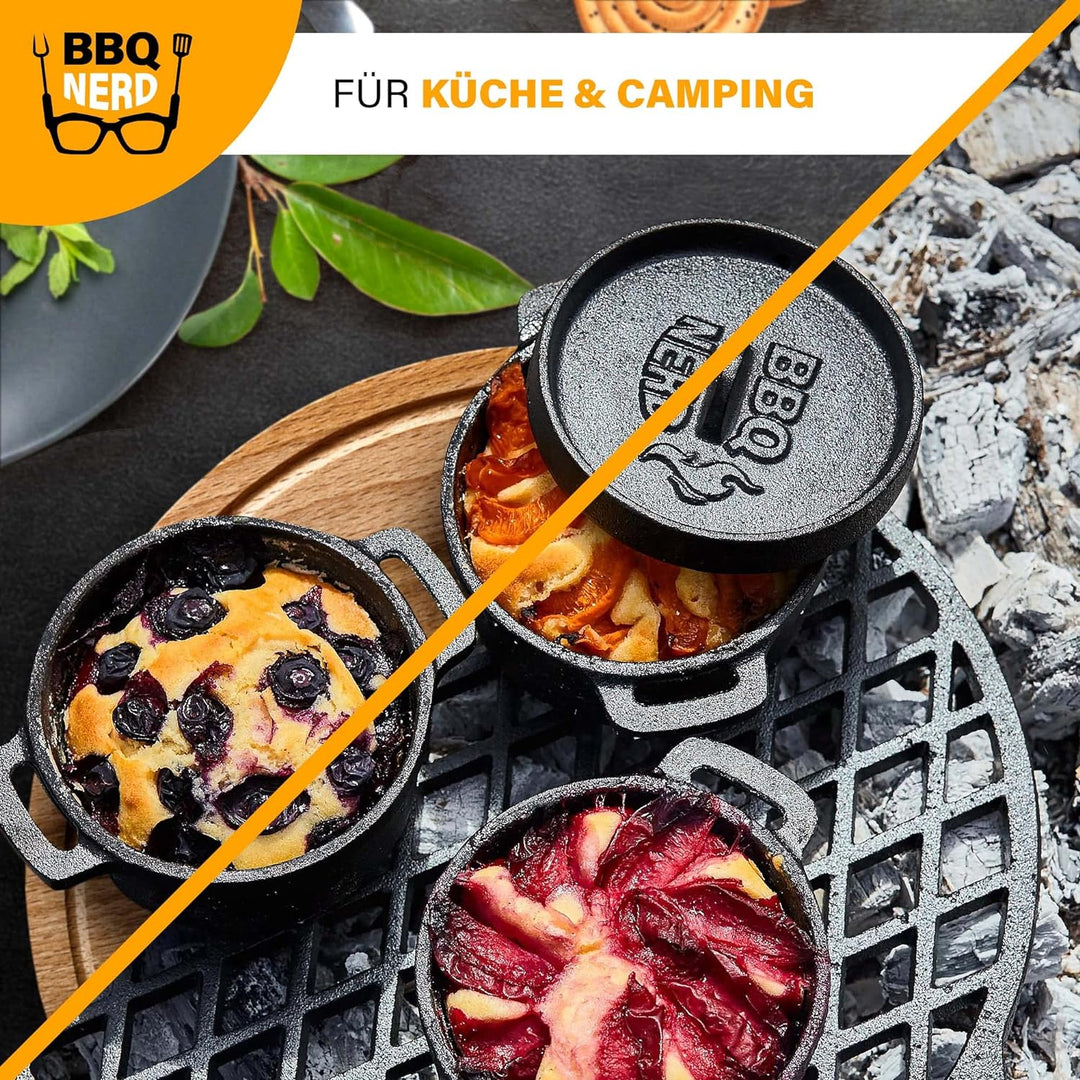 BBQ-Nerd© Mini Dutch Oven | Kleiner Gusseisentopf mit Deckel 11x5cm für Grill, Feuerstelle, Backofen