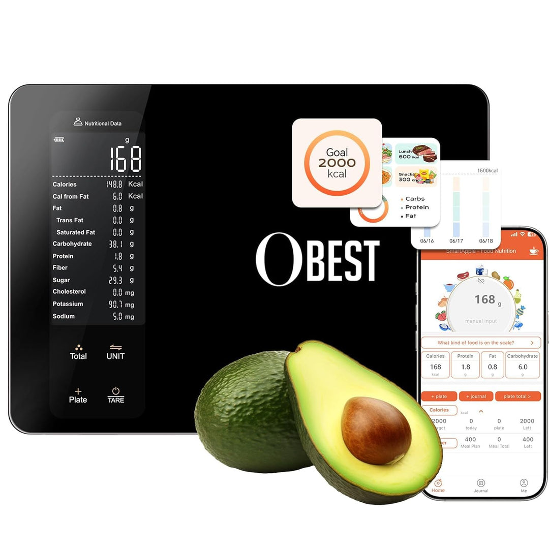 OBEST Digital Bluetooth Küchenwaage mit 30 Nährwertberechnung 10kg/1g | Smart Küchenwaage mit Kalori