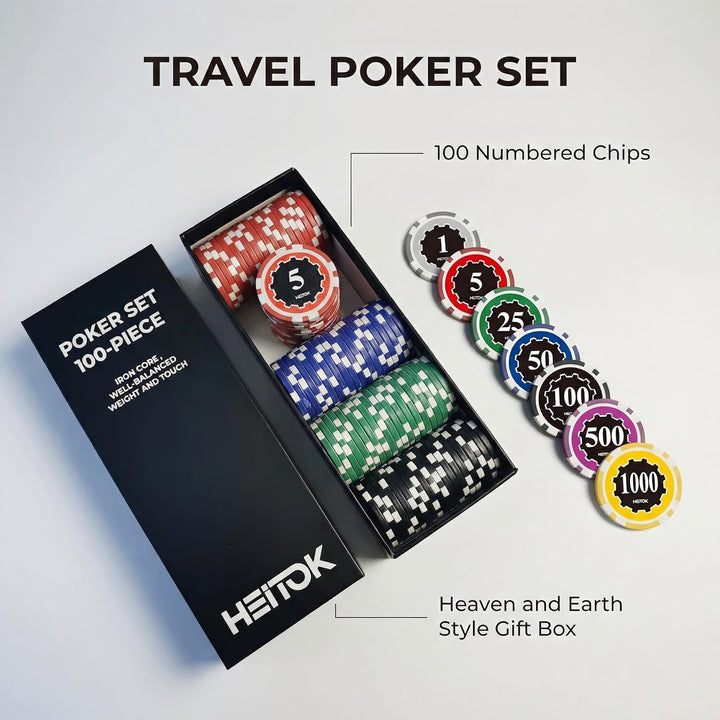 Poker-Set mit Wertigkeiten, 100 Stück 11,5-Gramm nummerierte Chips in Kartonverpackung von $1 bis $5