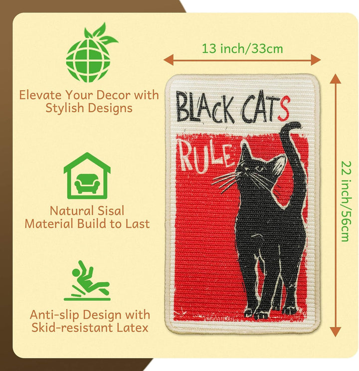 SOLDAY Sisal Kratzmatte Kunst Katze 56x33cm Wand &amp; Couch Schutz, Black Cat | Natürliche Sisalmatte f