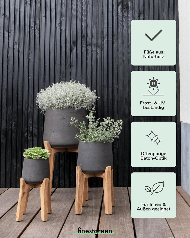 Finestgreen Patt Feet High | Handgefertigtes Pflanzgefäss auf Holzfüssen (M Ø:23 H:34,5 cm, Schwarz)