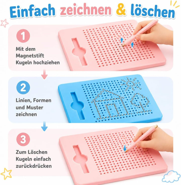 2 Stück Magnetische Zeichentafel, Stahlkugel Magnetspiel mit magnetischem Stift, Zaubertafel, Pädago