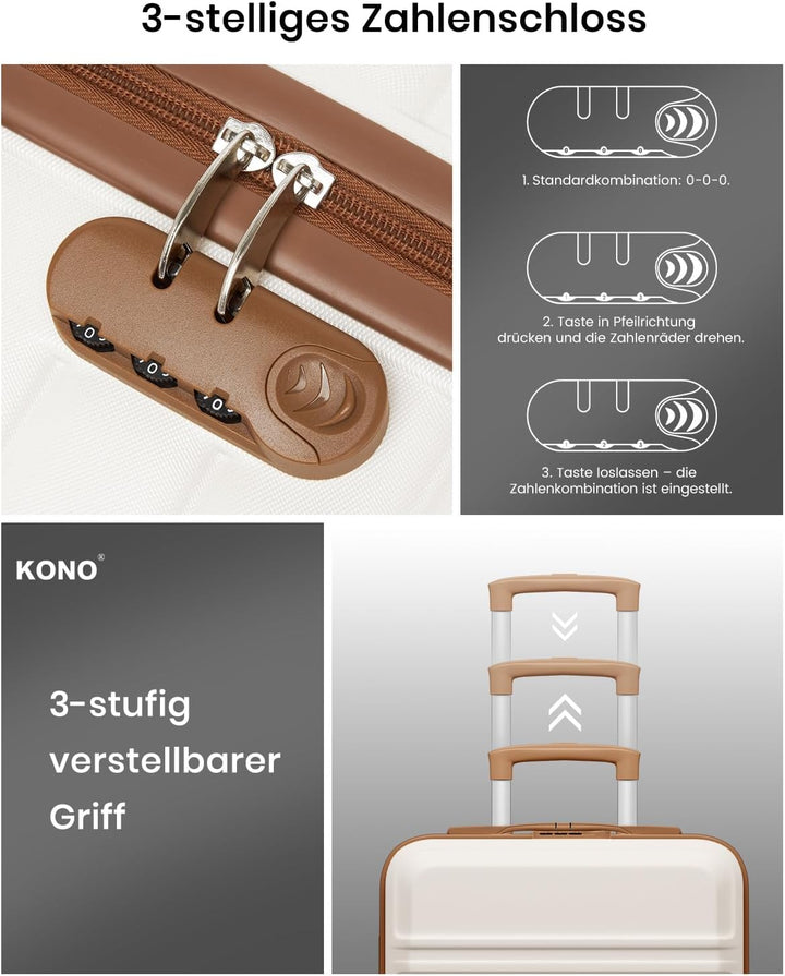KONO Handgepäck Koffer EasyJet 45x36x20 ABS+PC Hartschale, Creme Weiss | Leichte Kabinenkoffer für F