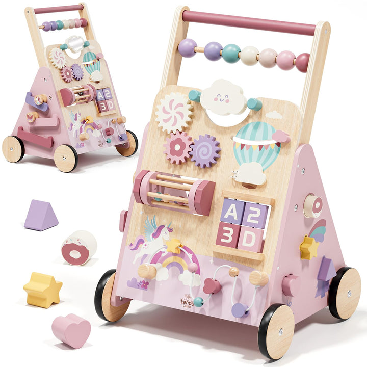 Lehoo Castle Lauflernwagen Holz mit Bremse, Einhorn Laufwagen ab 1 Jahr | Einstellbare Bremse, 10-in