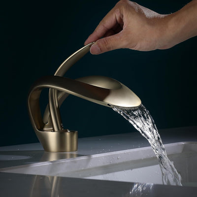SJQKA Wasserfall Wasserhahn Bad gold gebürstet,Wasserhahn Wasserfall für Badezimmer,Wasserhahn Bad A