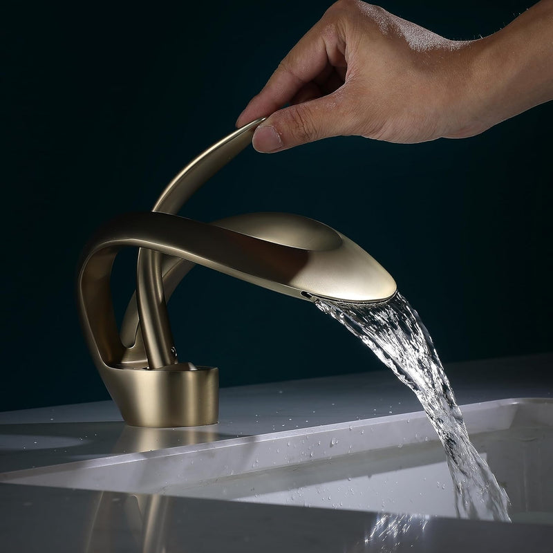 SJQKA Wasserfall Wasserhahn Bad gold gebürstet,Wasserhahn Wasserfall für Badezimmer,Wasserhahn Bad A