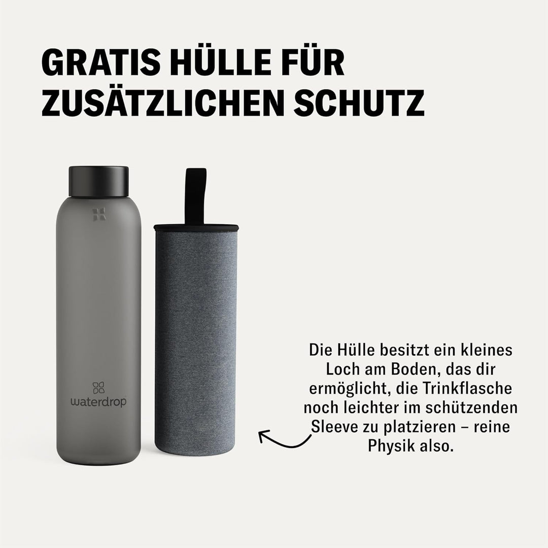 Waterdrop® Edition Glass Bottle 600ml Trinkflasche Glas auslaufsicher, Kohlensäure geeignet | BPA fr