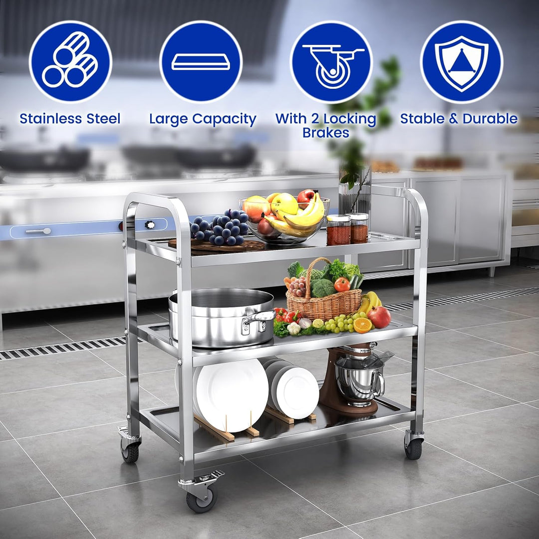 Servierwagen Küchenwagen Edelstahl Rollwagen Teewagen Transportabräumwagen Gastro Servierhilfe 3 Bor