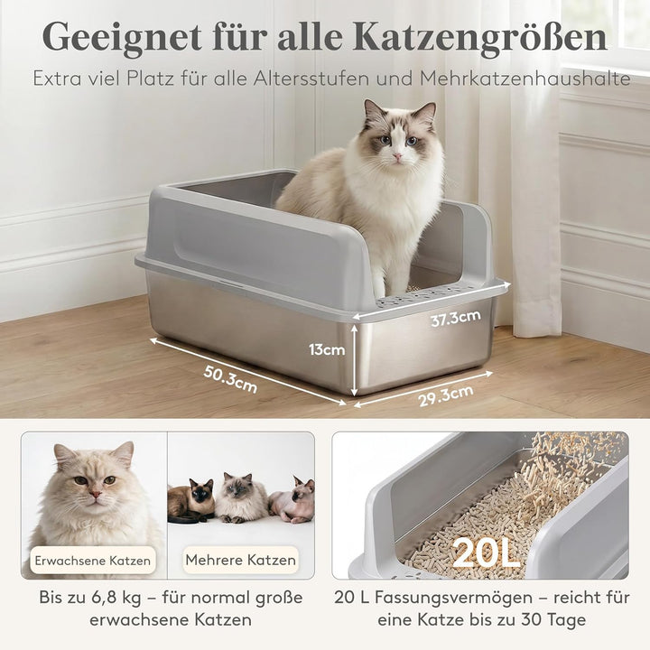 Lifewit Grosse Katzenklo Edelstahl mit Schaufel, Offene Katzentoilette mit hohem Rand für Mittelgros