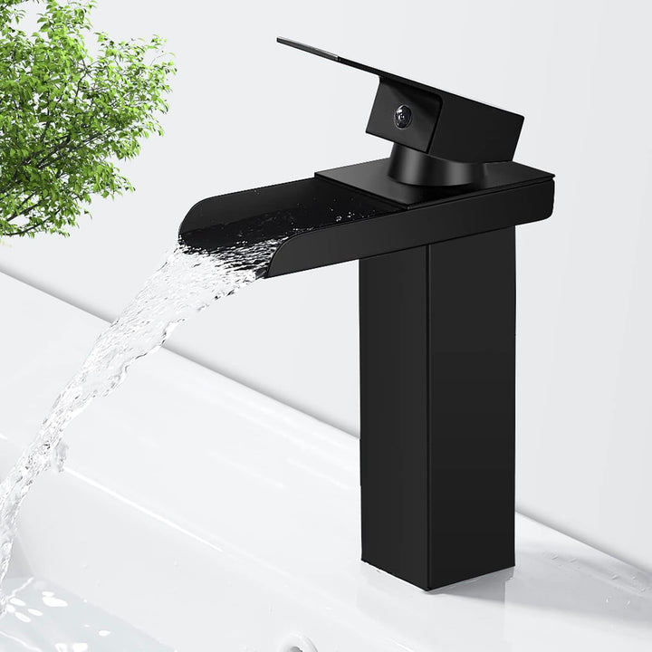 Wasserfall Wasserhahn Bad Schwarz Matt Waschtischarmatur, Modern Einhebelmischer Waschbeckenarmatur,