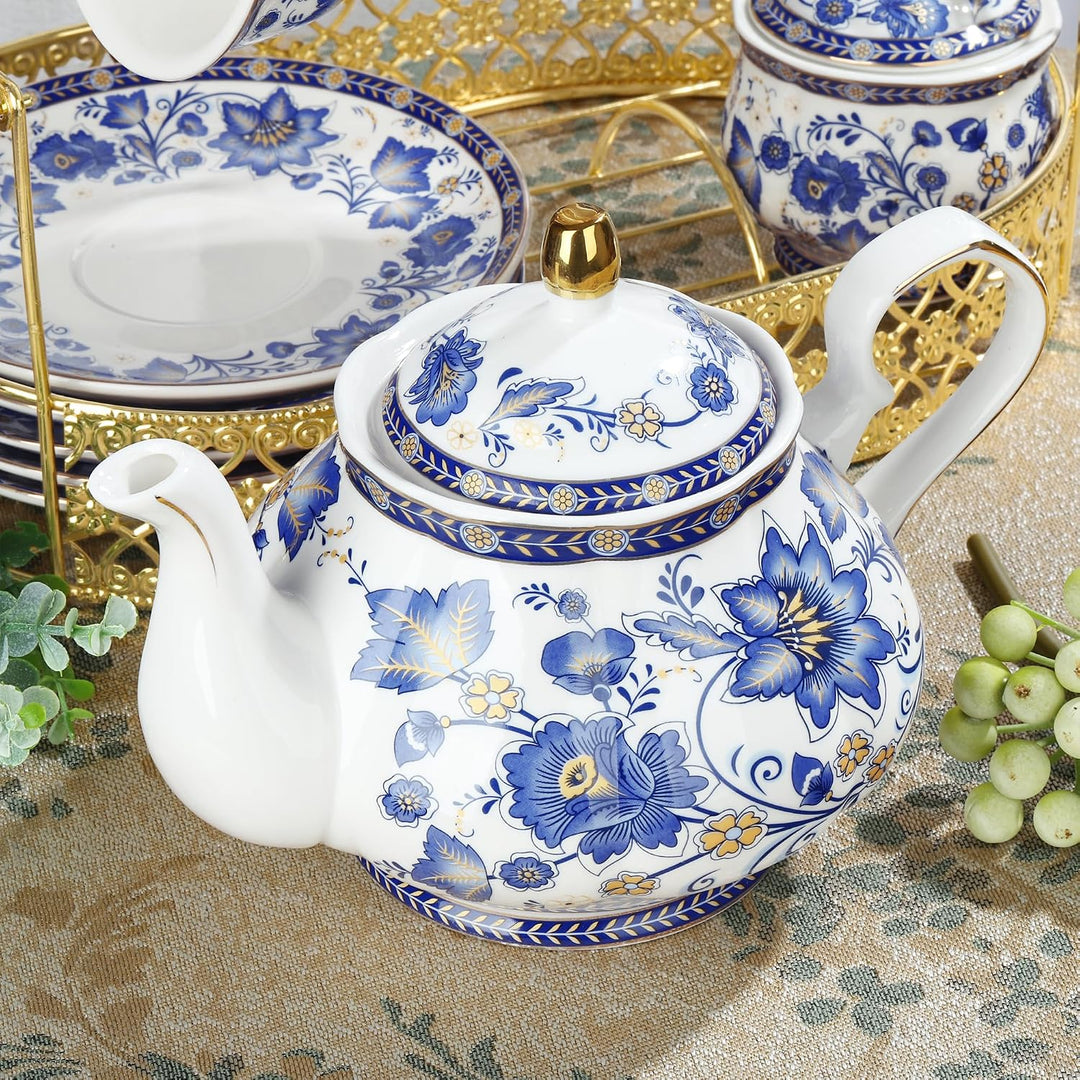 fanquare Blau Blume Porzellan Teeservice mit Metallständer, Vintage Porzellan Kaffeetasse und Untert