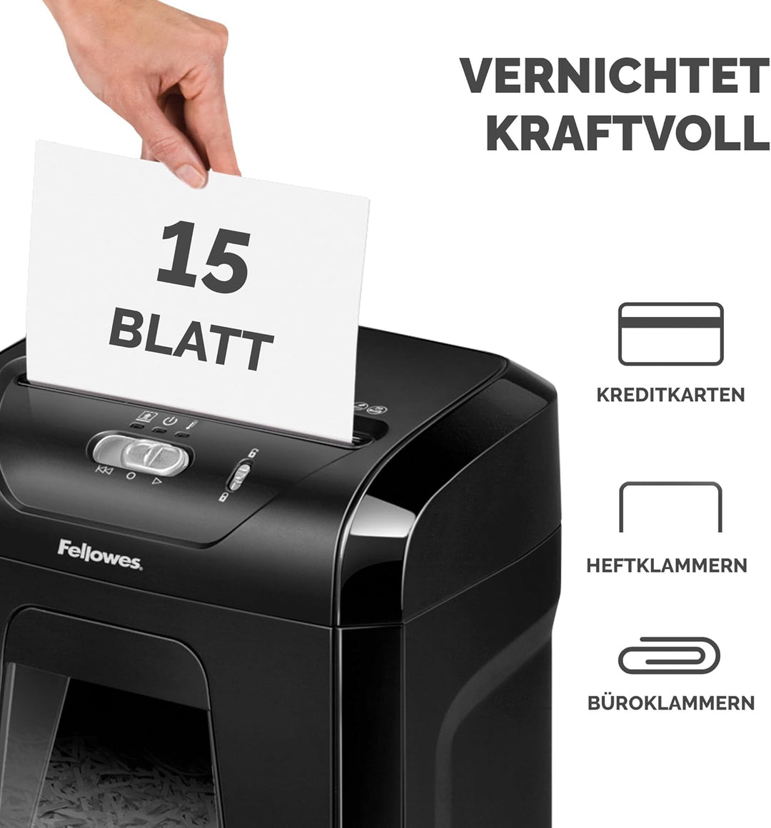 Fellowes FS-15C Aktenvernichter, Kreuzschnitt, 15 Blatt, P4, 19L Auszugsbehälter, Hochsicherheit, Pa