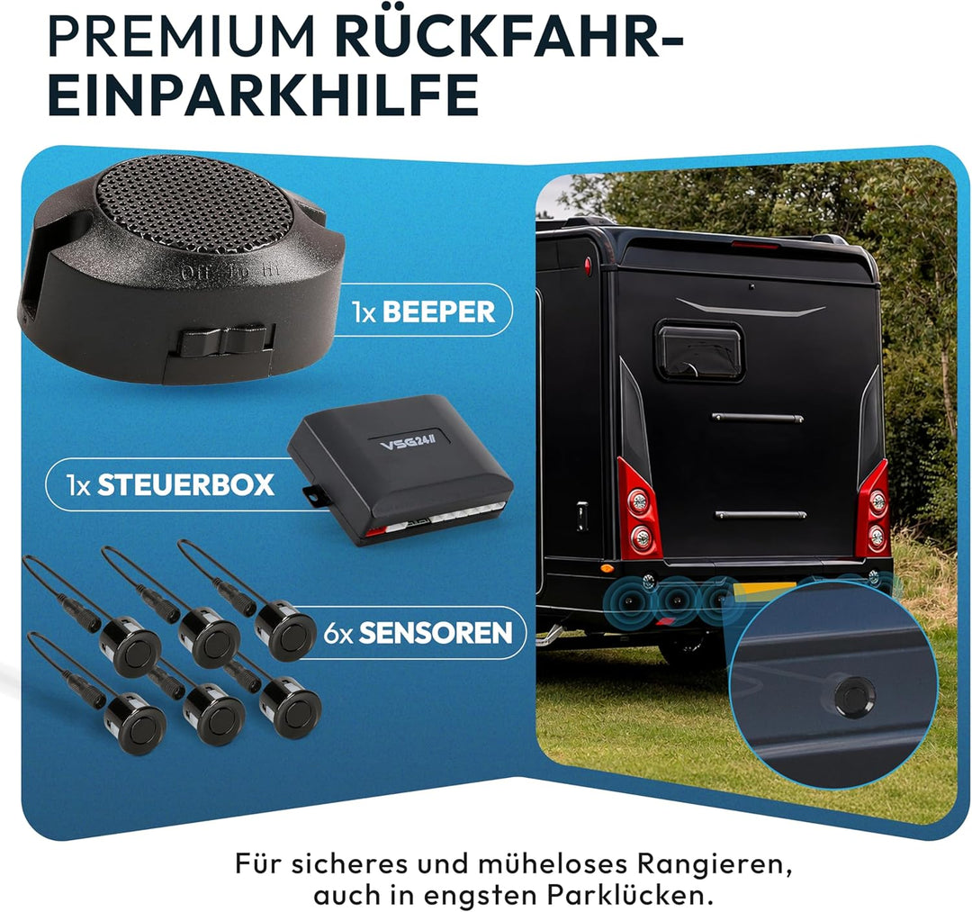 VSG24 Premium Wohnmobil Einparkhilfe zum nachrüsten, PDC Parksensoren hinten mit Stecksystem für ein