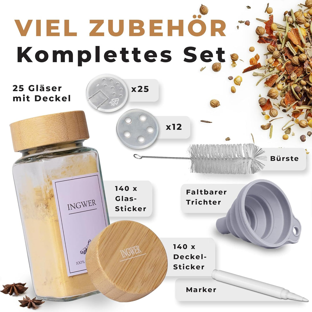 comforder Gewürzgläser Set (25 Stück), Gewürz Organizer mit Gewürzstreuer mit Etiketten + Trichter,