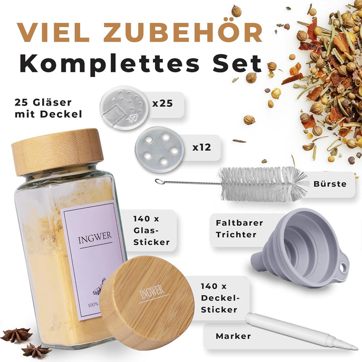 comforder Gewürzgläser Set (25 Stück), Gewürz Organizer mit Gewürzstreuer mit Etiketten + Trichter,