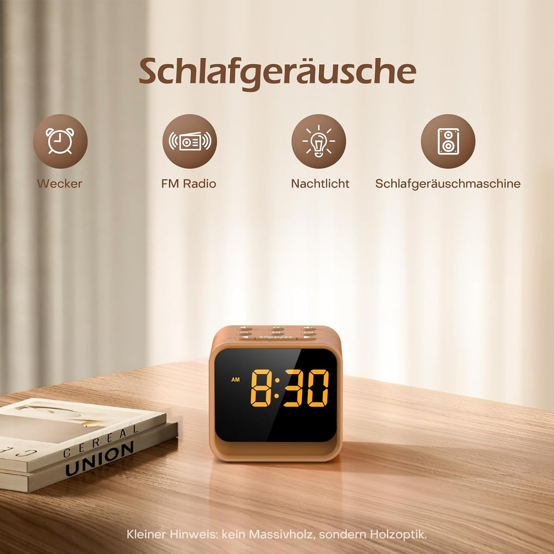 REACHER Radiowecker für das Schlafzimmer, Digitale FM Radiouhr mit Weissrausch-Soundmaschine, 9 Alar