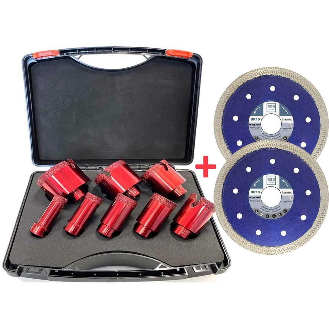 Premium Fliesenbohrer Set 20|25|32|35|40|50|60|68 Vakuum M14 + Diamanttrennscheibe BR10 125 | Set 8-