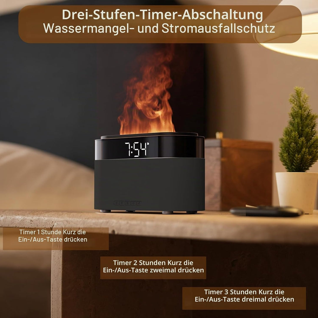 Flammen Aroma Diffuser mit Lichtwecker,Diffuser Ätherische Öle mit Fernbedienung,Wecker mit Licht,Lu