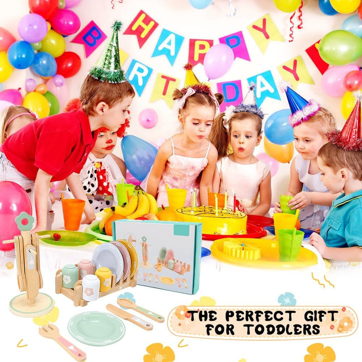 Teeservice Kinder Holz, Kinderküche Geschirr mit Tassen Teller, Spielküche Zubehör Puppengeschirr Ho