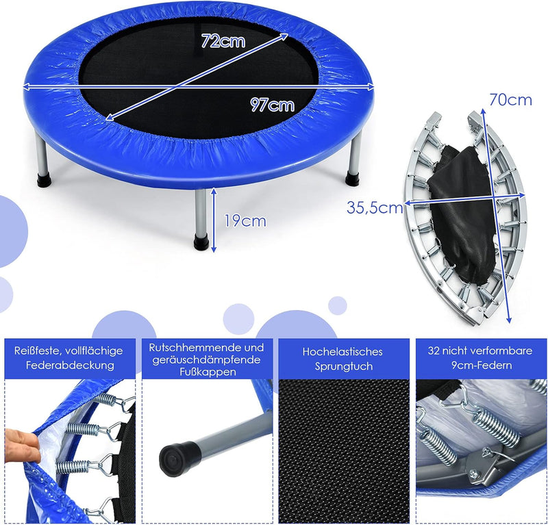 COSTWAY φ97cm Mini Trampolin, Fitness Trampolin faltbar, Kindertrampolin bis 150kg belastbar, Trampo