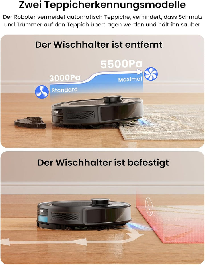 LEFANT M2Pro Staubsaugerroboter, 5500Pa Saugroboter mit Wischfunktion mit Auto Staubabsaugung, Staub